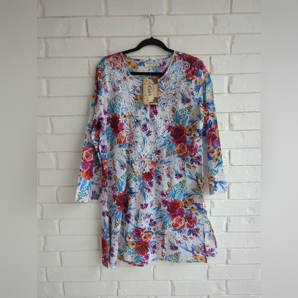 Vintage GOA Sheer Cotton Blouse Floral Embroidery  Boho Indie Resort Wear XL